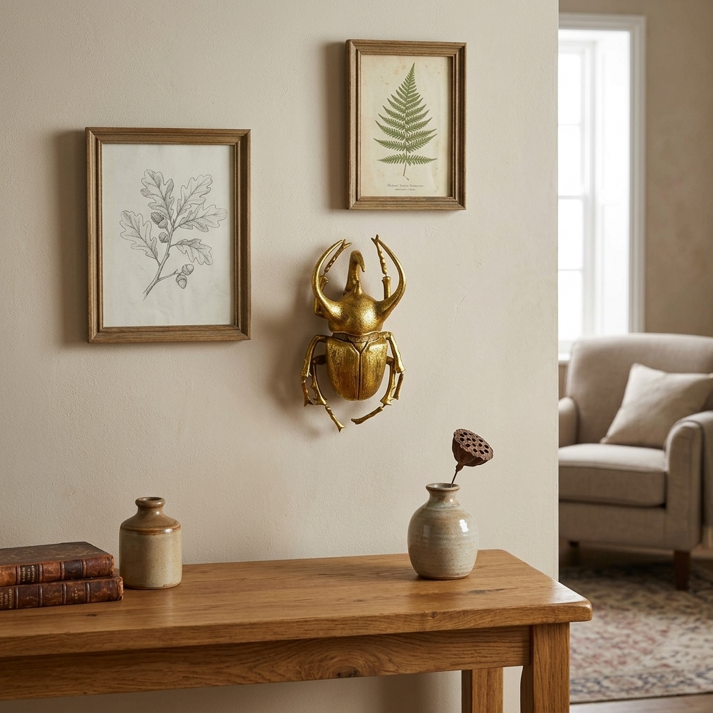 Extra large gold beetle wall decoration styled with framed botanical artwork above a rustic timber console in a warm neutral interior.
