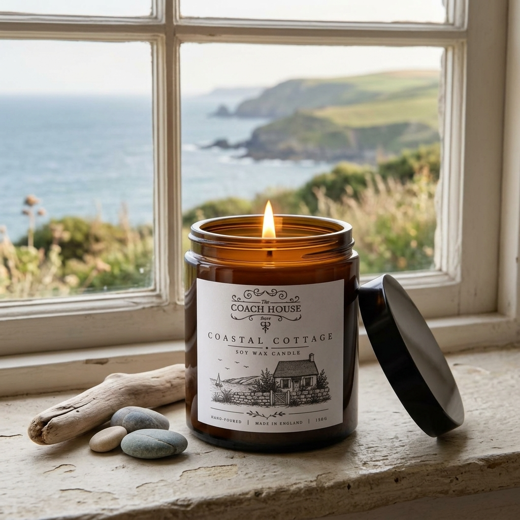 Coastal Cottage Soy Wax Candle in an amber glass jar styled on a stone windowsill overlooking the coast