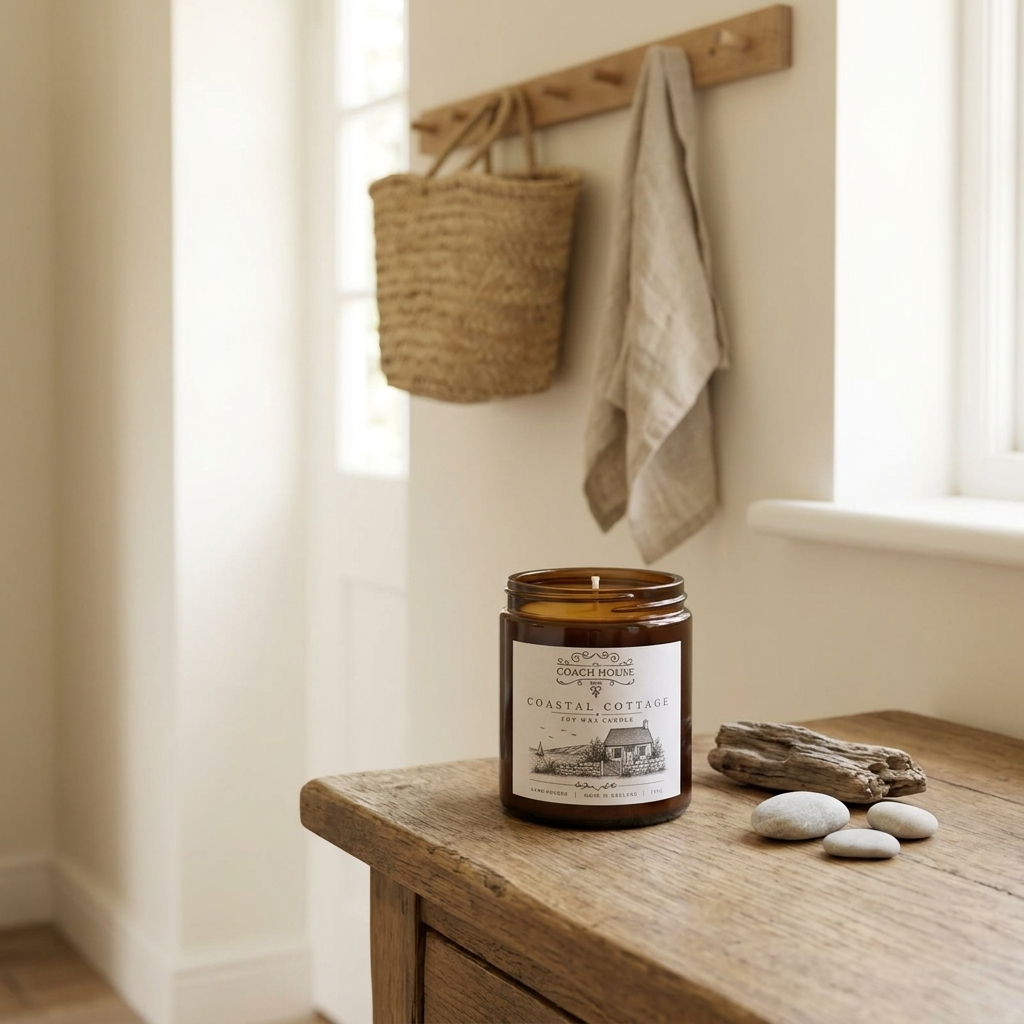 Coastal Cottage Soy Wax Candle styled in a light coastal cottage interior with natural textures