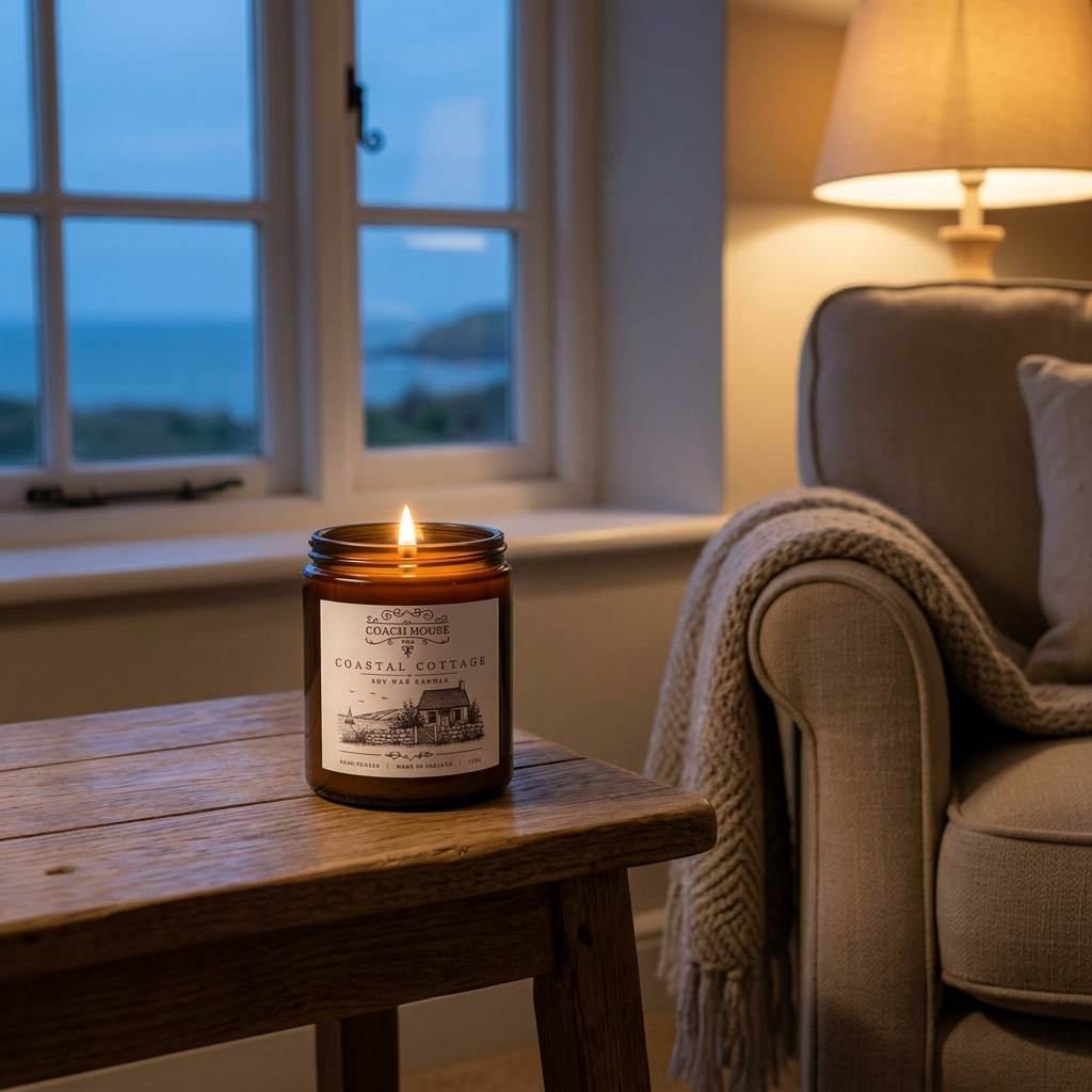 Coastal Cottage Soy Wax Candle lit beside a cosy armchair in a warm coastal cottage interior