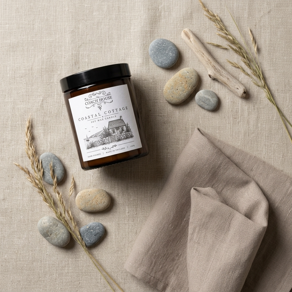 Coastal Cottage Soy Wax Candle styled with natural coastal details inspired by sea air and sun-warmed driftwood