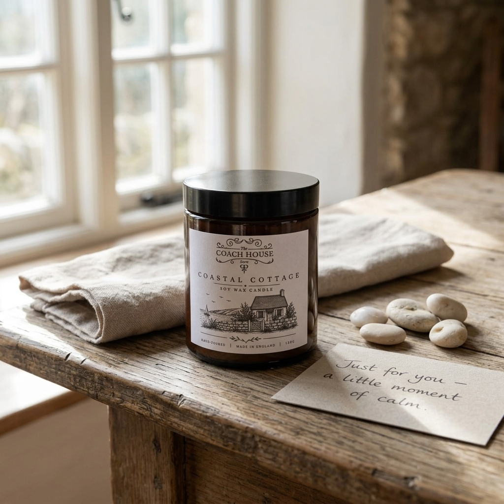 Coastal Cottage Soy Wax Candle styled on a rustic wooden table with natural coastal details and a handwritten gift card