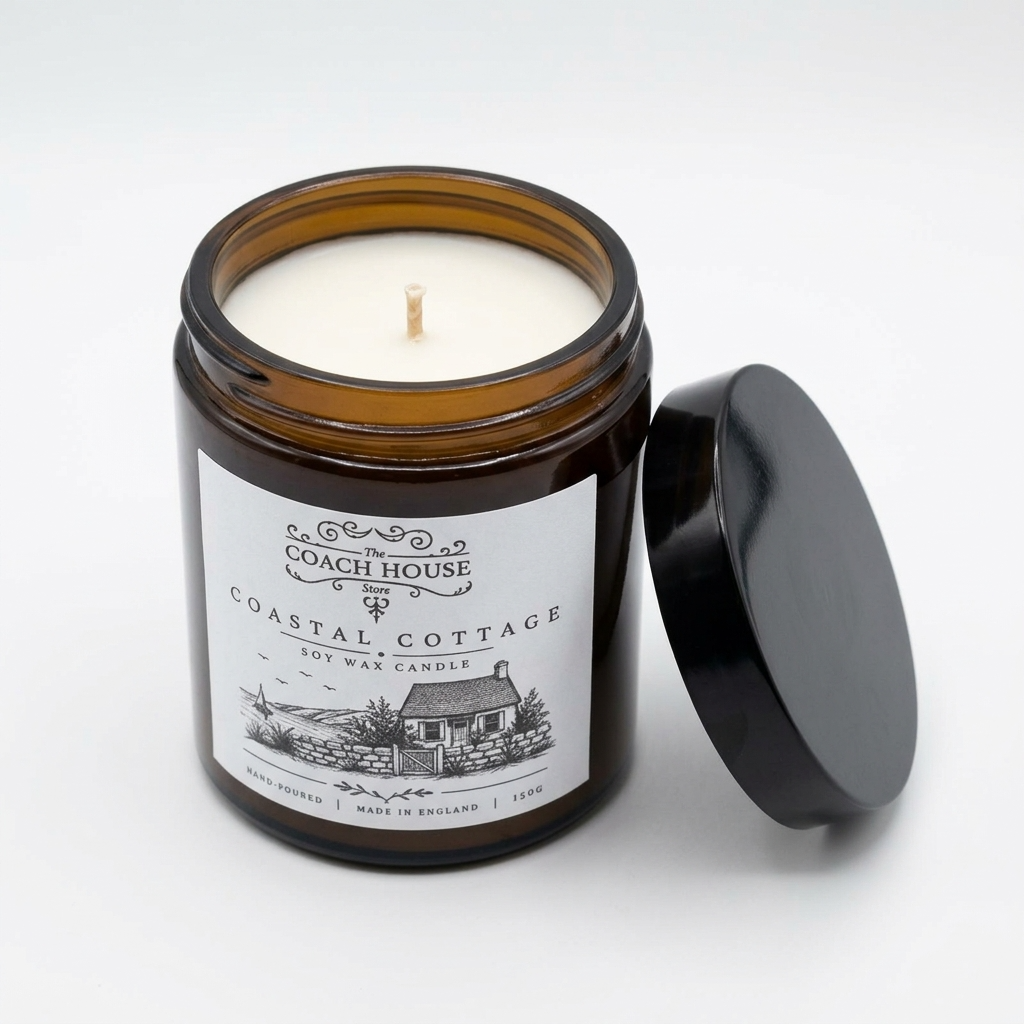 Coastal Cottage Soy Wax Candle open to show the natural soy wax and cotton wick with black lid beside the jar