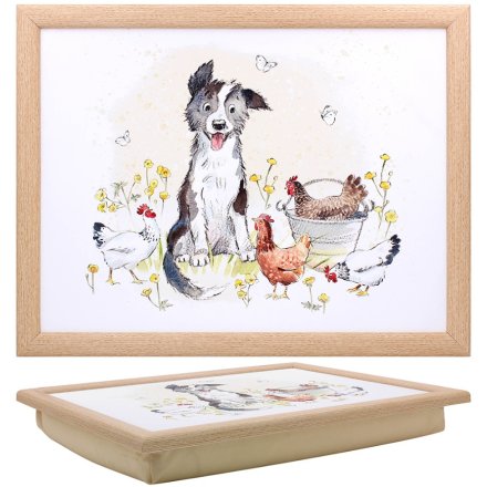 Collie and hens cushioned lap tray with illustrated farmyard design and natural wood-effect frame