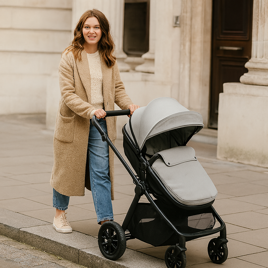 Cruise 3 in 1 Travel System in Pebble Sage being used with the pushchair seat on an everyday outing