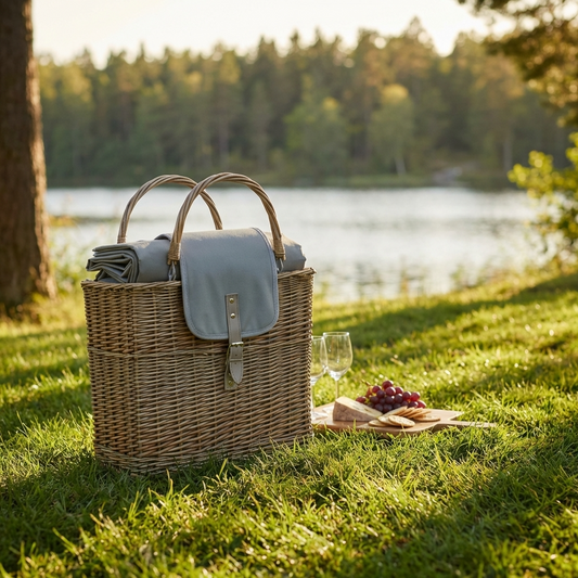 Grey Chiller Basket And Picnic Blanket – Insulated Willow Picnic Basket