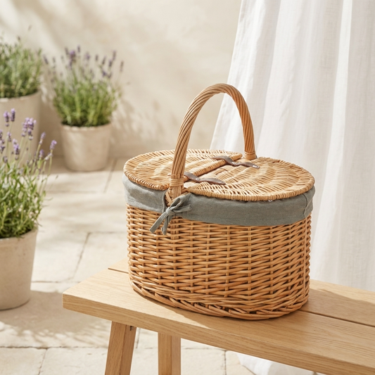 Buff Oval Picnic Basket with Grey Sage Lining