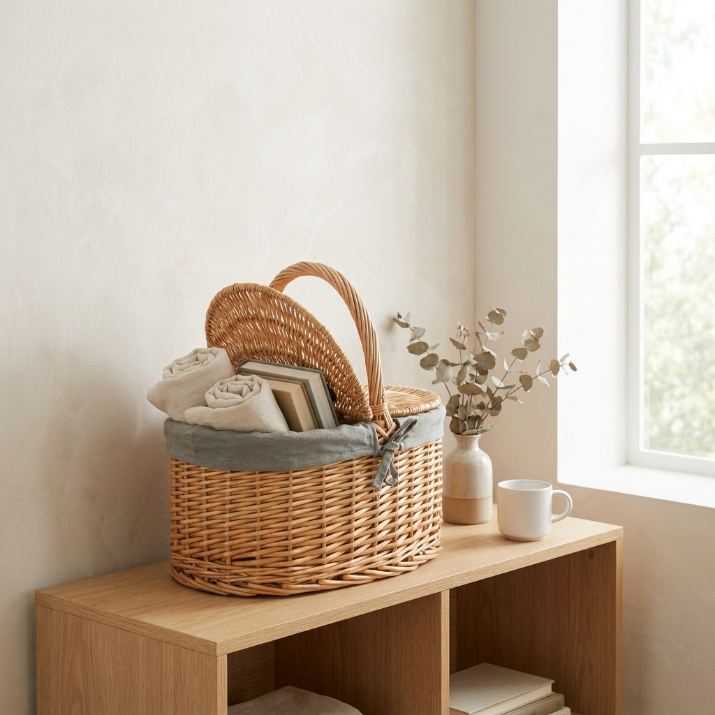 Buff Oval Picnic Basket with Grey Sage Lining