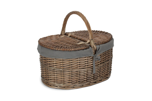 Deep Antique Wash Oval Picnic Basket With Grey Sage Lining