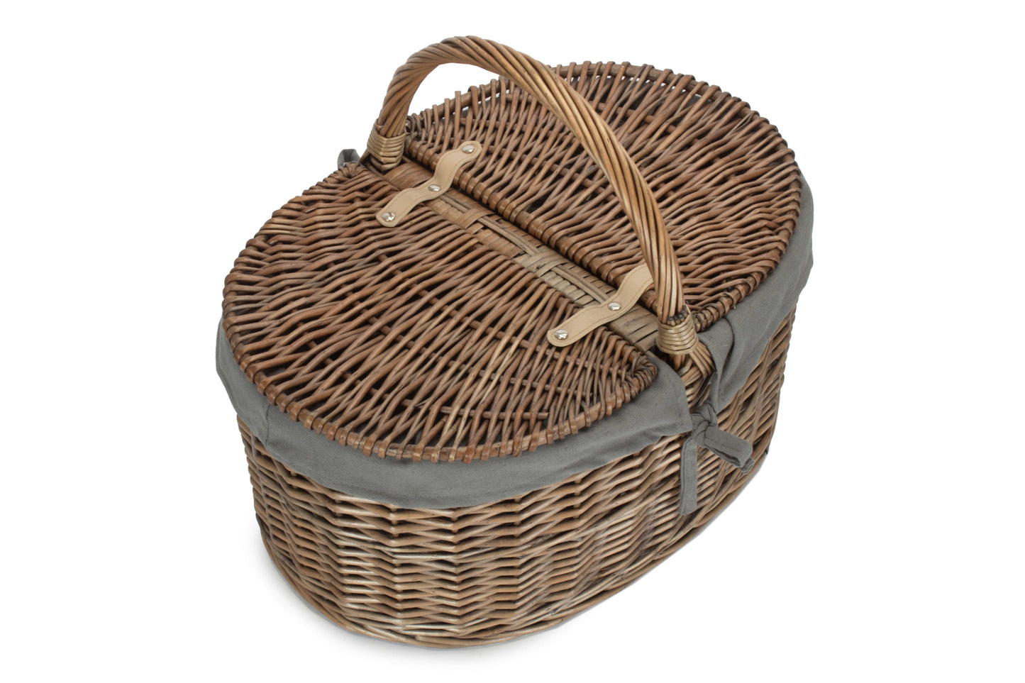 Deep Antique Wash Oval Picnic Basket With Grey Sage Lining