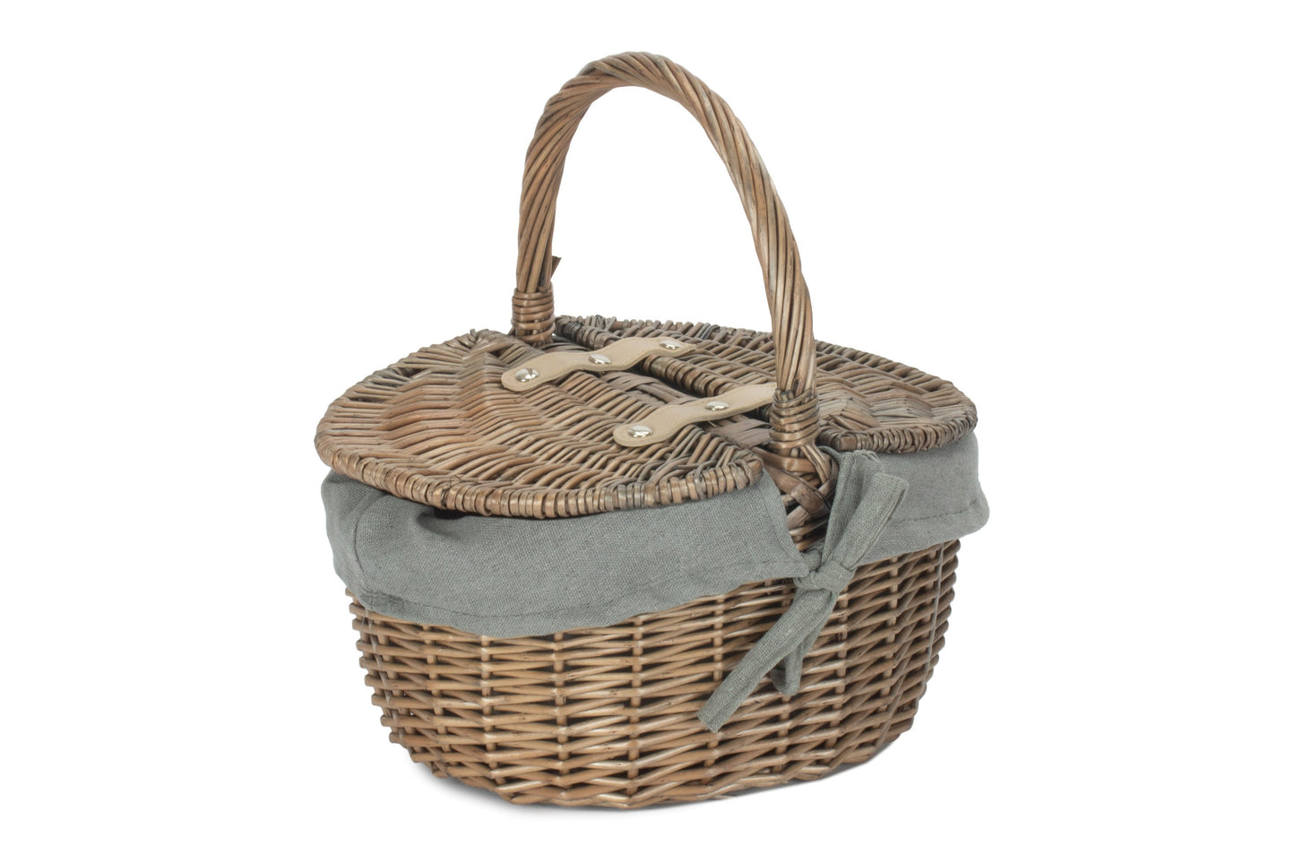Small Antique Wash Finish Oval Picnic Basket With Grey Sage Lining