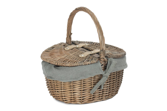 Small Antique Wash Finish Oval Picnic Basket With Grey Sage Lining