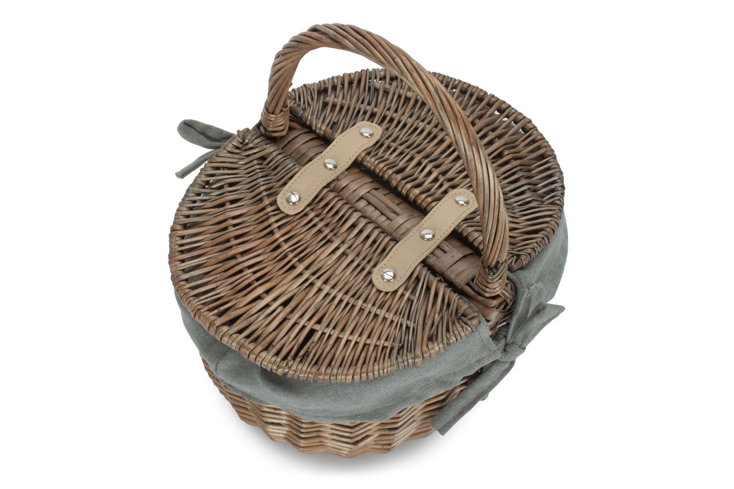 Small Antique Wash Finish Oval Picnic Basket With Grey Sage Lining