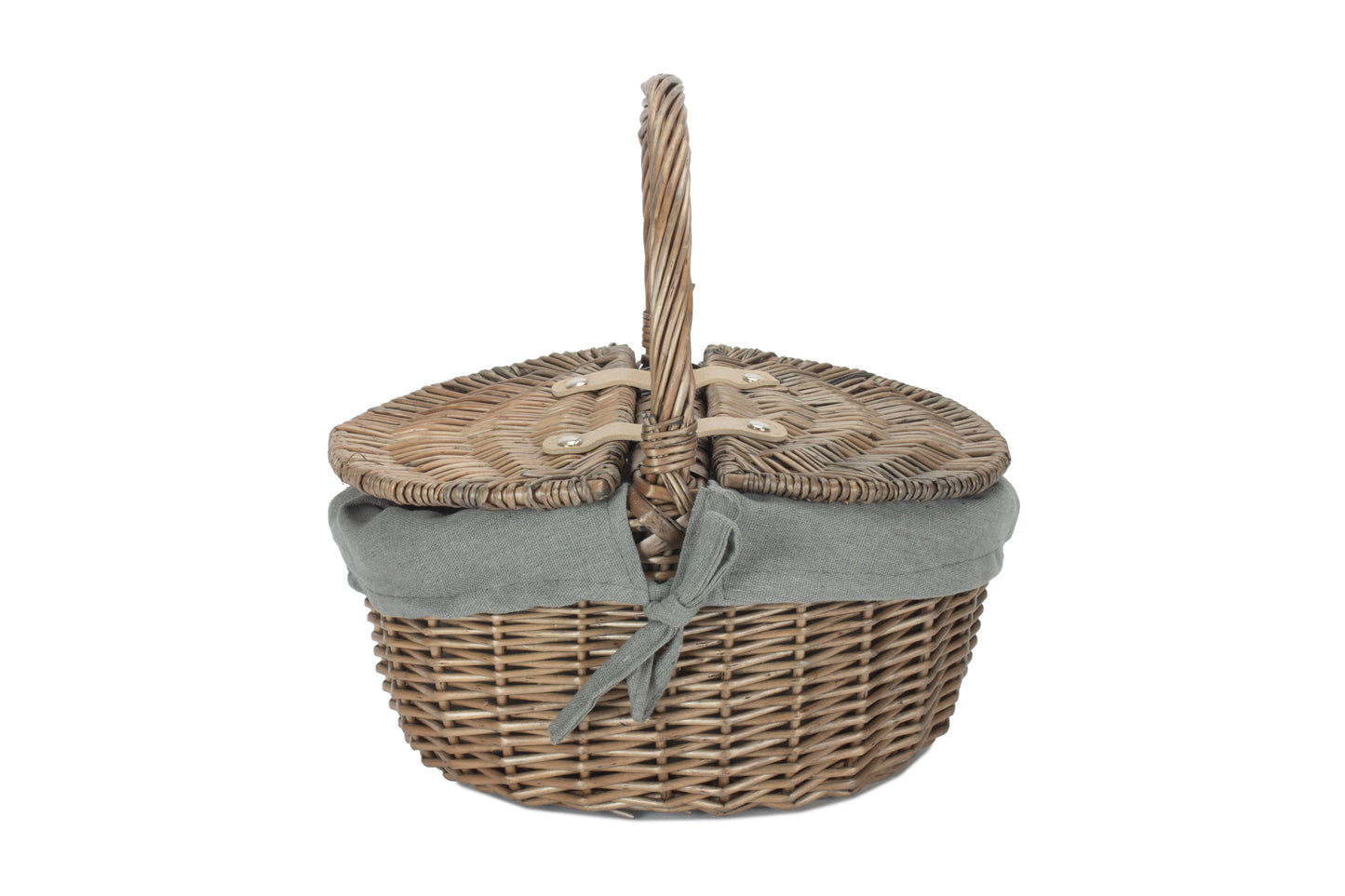 Small Antique Wash Finish Oval Picnic Basket With Grey Sage Lining