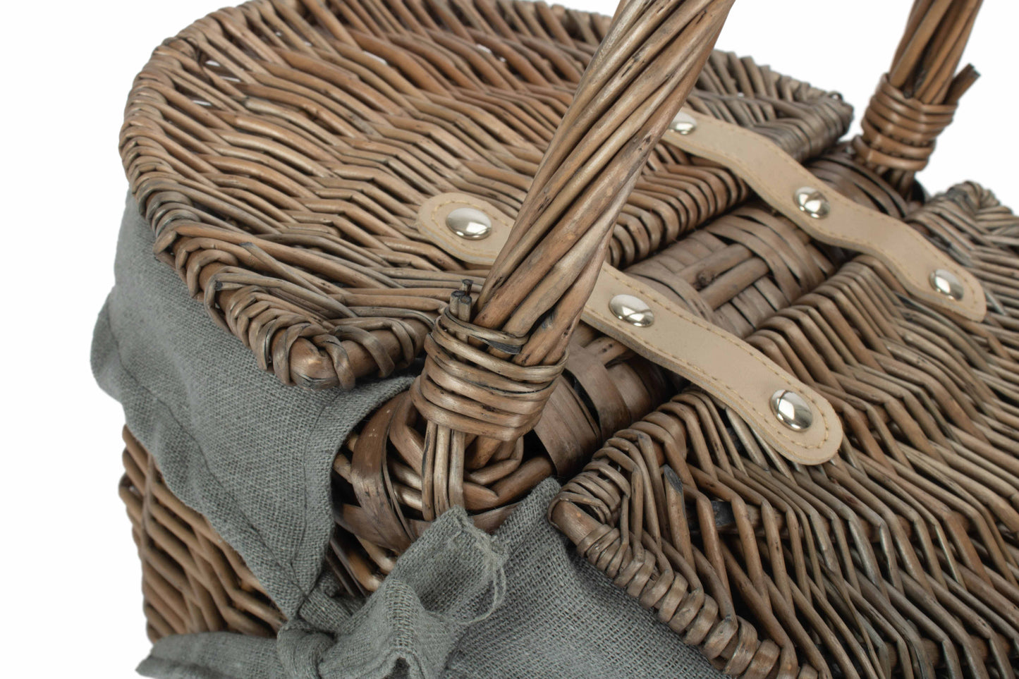 Small Antique Wash Finish Oval Picnic Basket With Grey Sage Lining