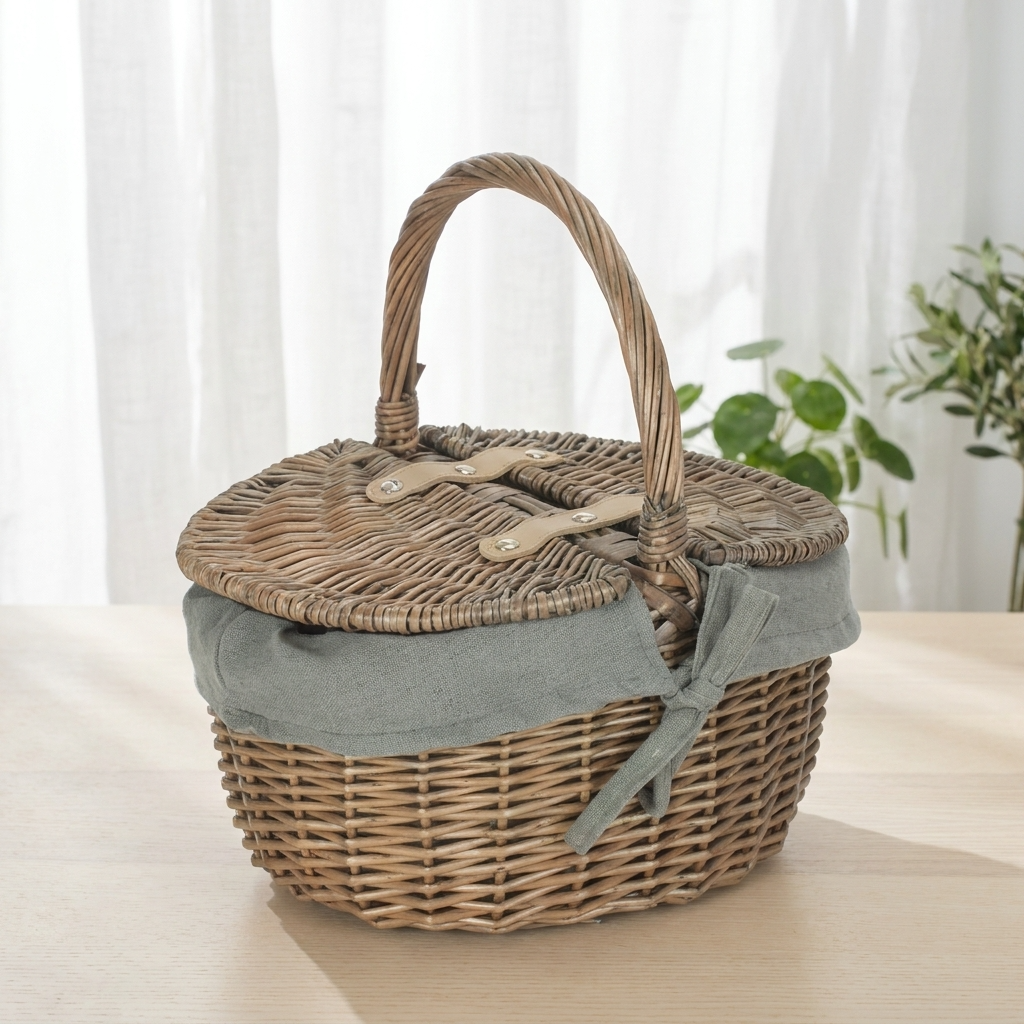 Small Oval Picnic Basket with Grey Sage Lining