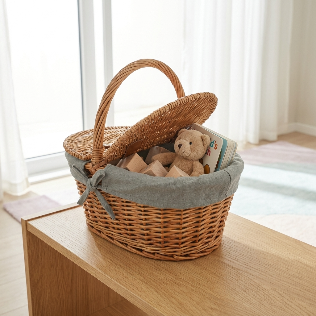 Child’s Oval Picnic Basket with Grey Sage Lining