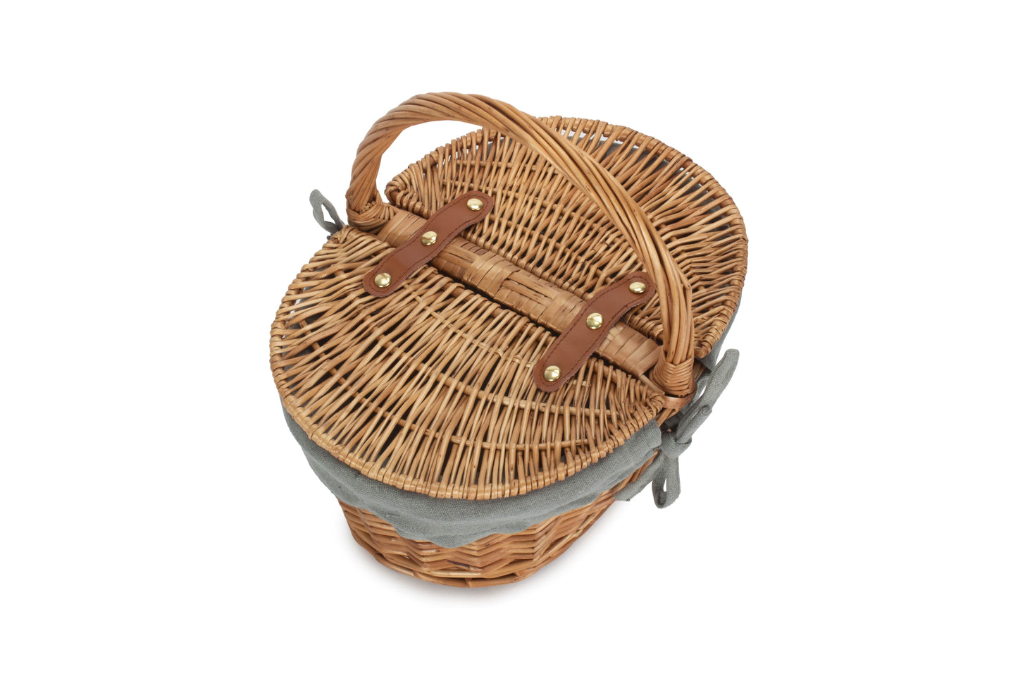 Childs Light Steamed Finish Oval Picnic Basket With Grey Sage Lining