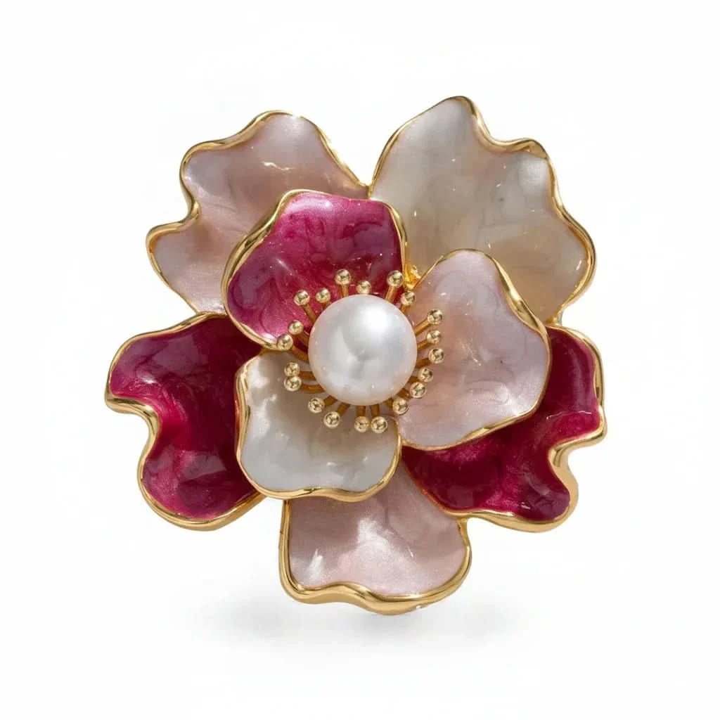 Enamel Peony Freshwater Pearl Brooch by Angel Barocco