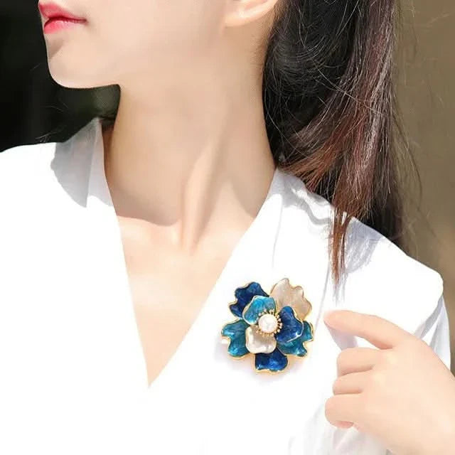 Enamel Peony Freshwater Pearl Brooch by Angel Barocco