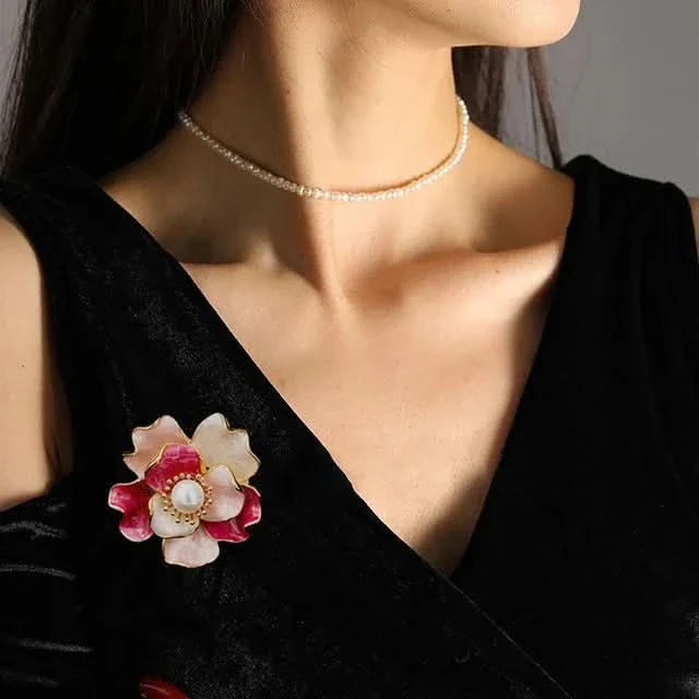 Enamel Peony Freshwater Pearl Brooch by Angel Barocco