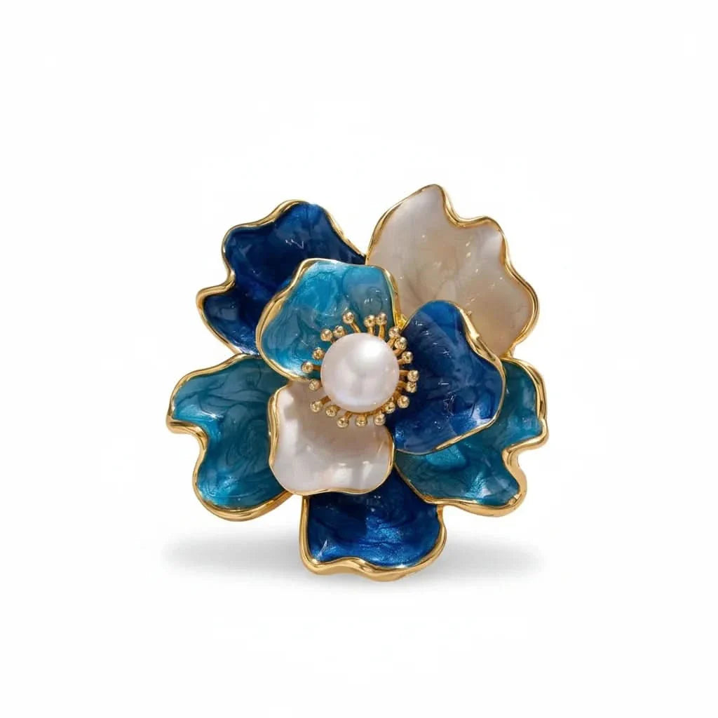 Enamel Peony Freshwater Pearl Brooch by Angel Barocco