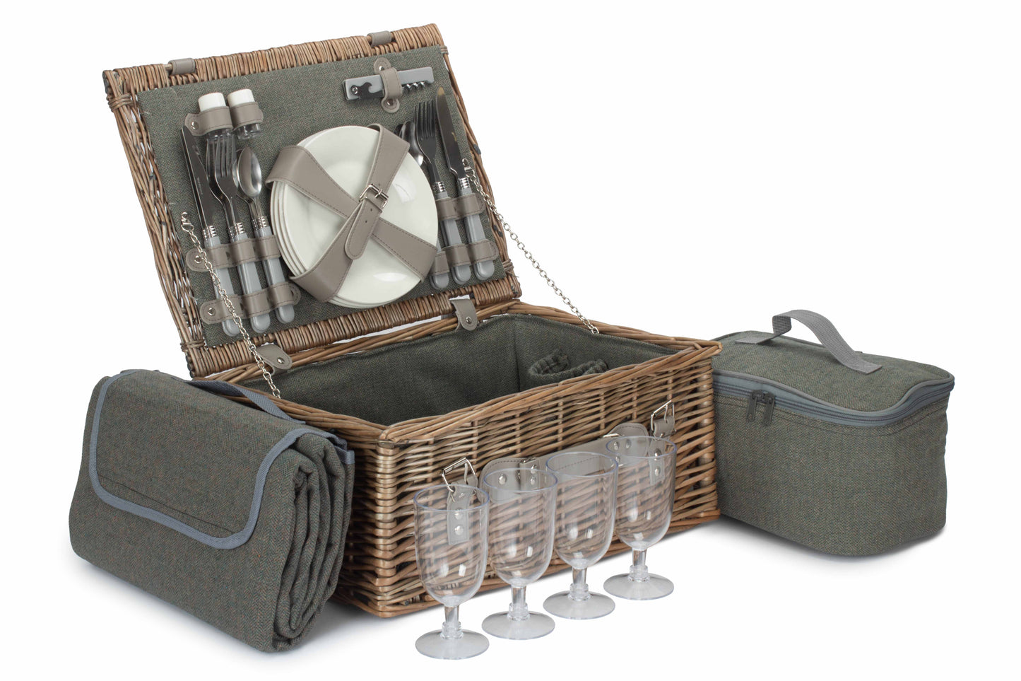 4 Person Grey Tweed Picnic Hamper with Cooler & Blanket