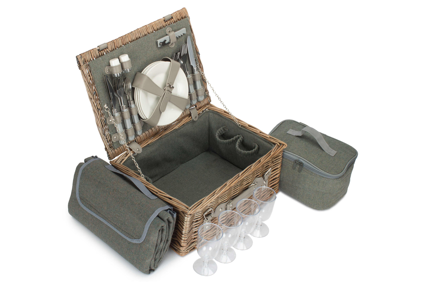 4 Person Grey Tweed Picnic Hamper with Cooler & Blanket