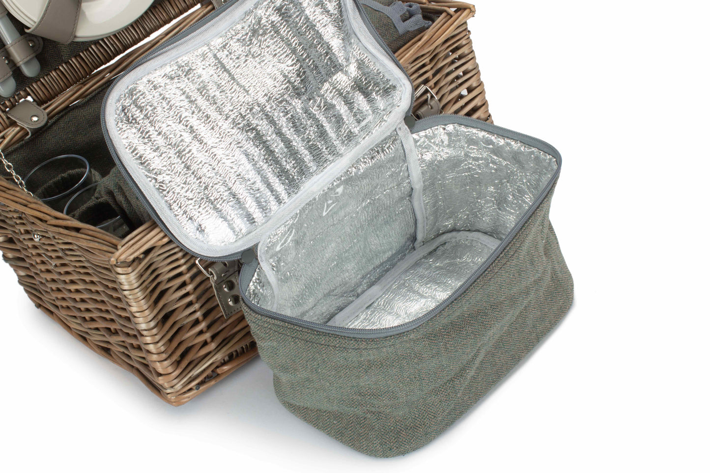 4 Person Grey Tweed Picnic Hamper with Cooler & Blanket