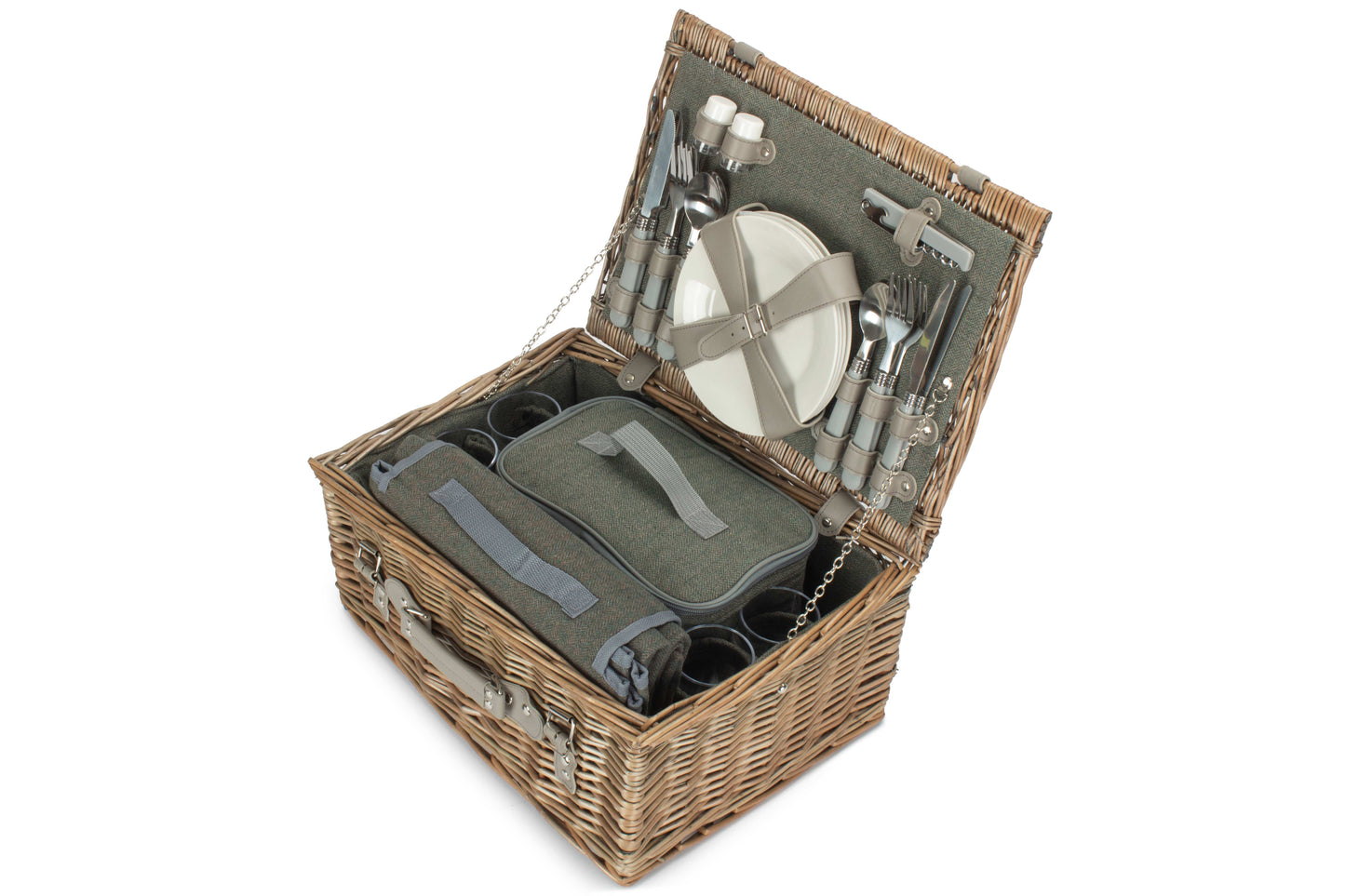4 Person Grey Tweed Picnic Hamper with Cooler & Blanket