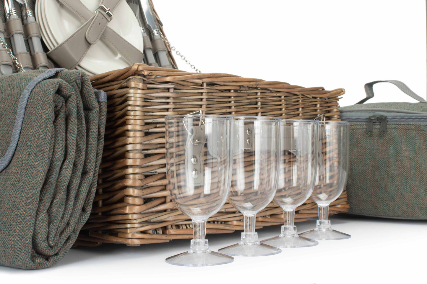 4 Person Grey Tweed Picnic Hamper with Cooler & Blanket