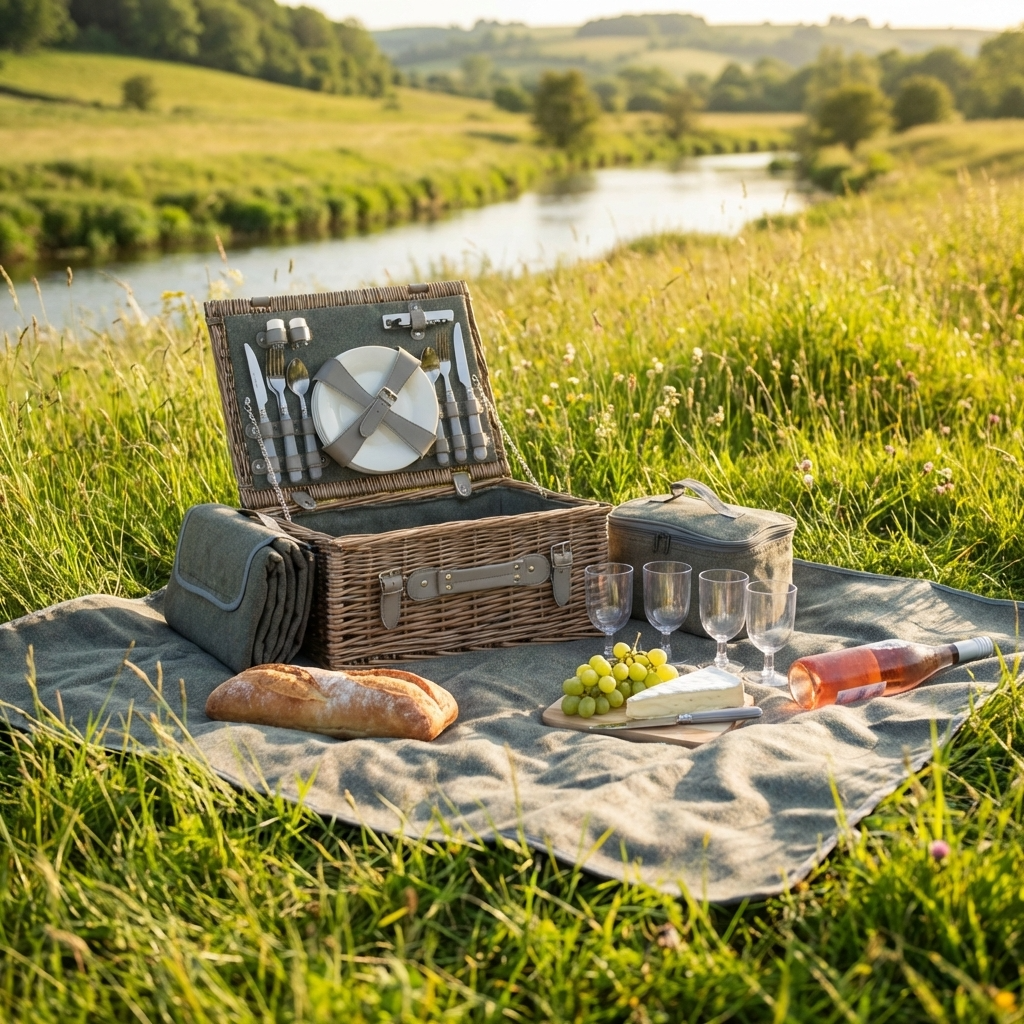 4 Person Grey Tweed Picnic Hamper with Cooler & Blanket