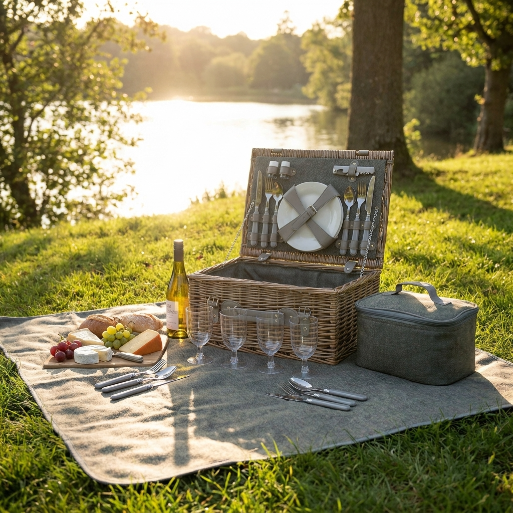 4 Person Grey Tweed Picnic Hamper with Cooler & Blanket