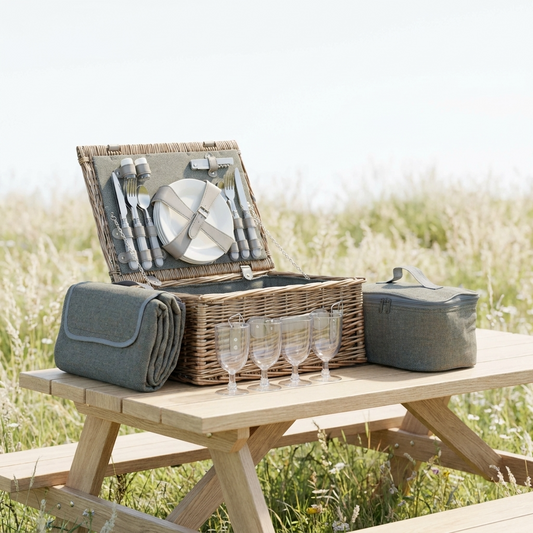 4 Person Grey Tweed Picnic Hamper with Cooler & Blanket