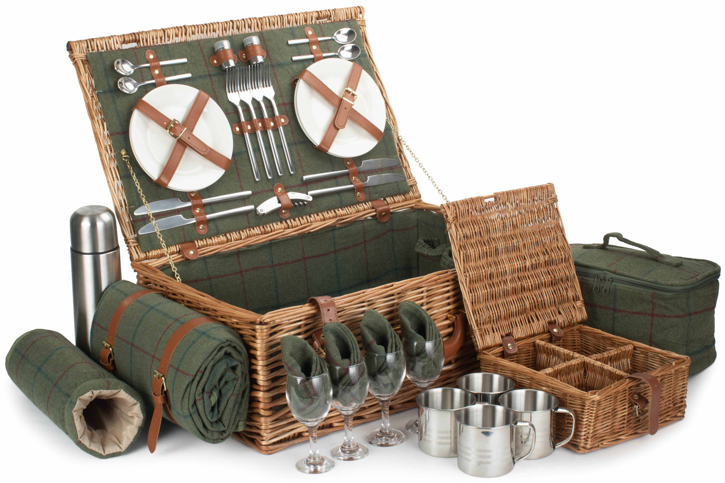 Deluxe Green Tweed 4 Person Picnic Hamper with Cooler Bag & Rug