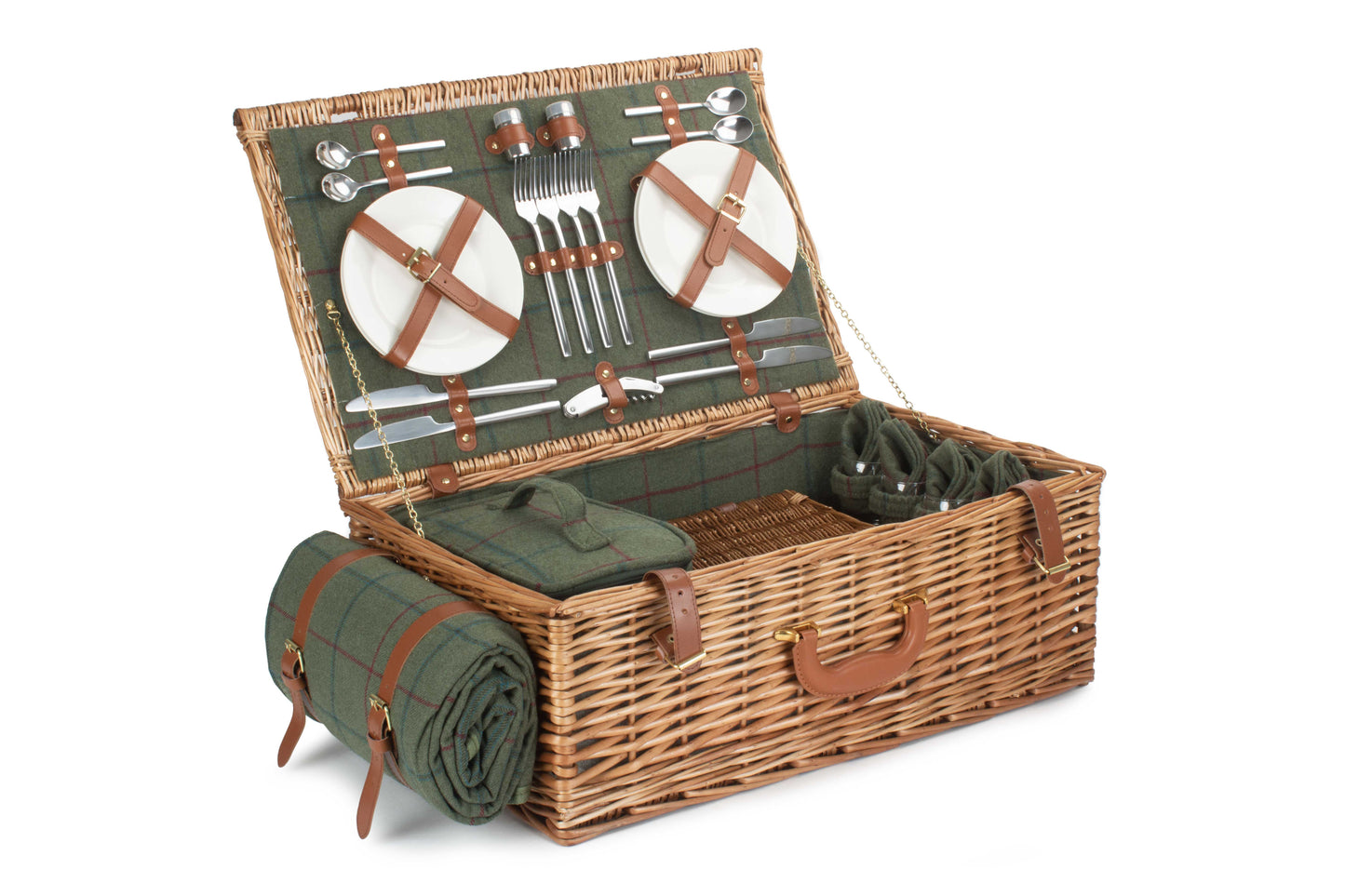Deluxe Green Tweed 4 Person Picnic Hamper with Cooler Bag & Rug