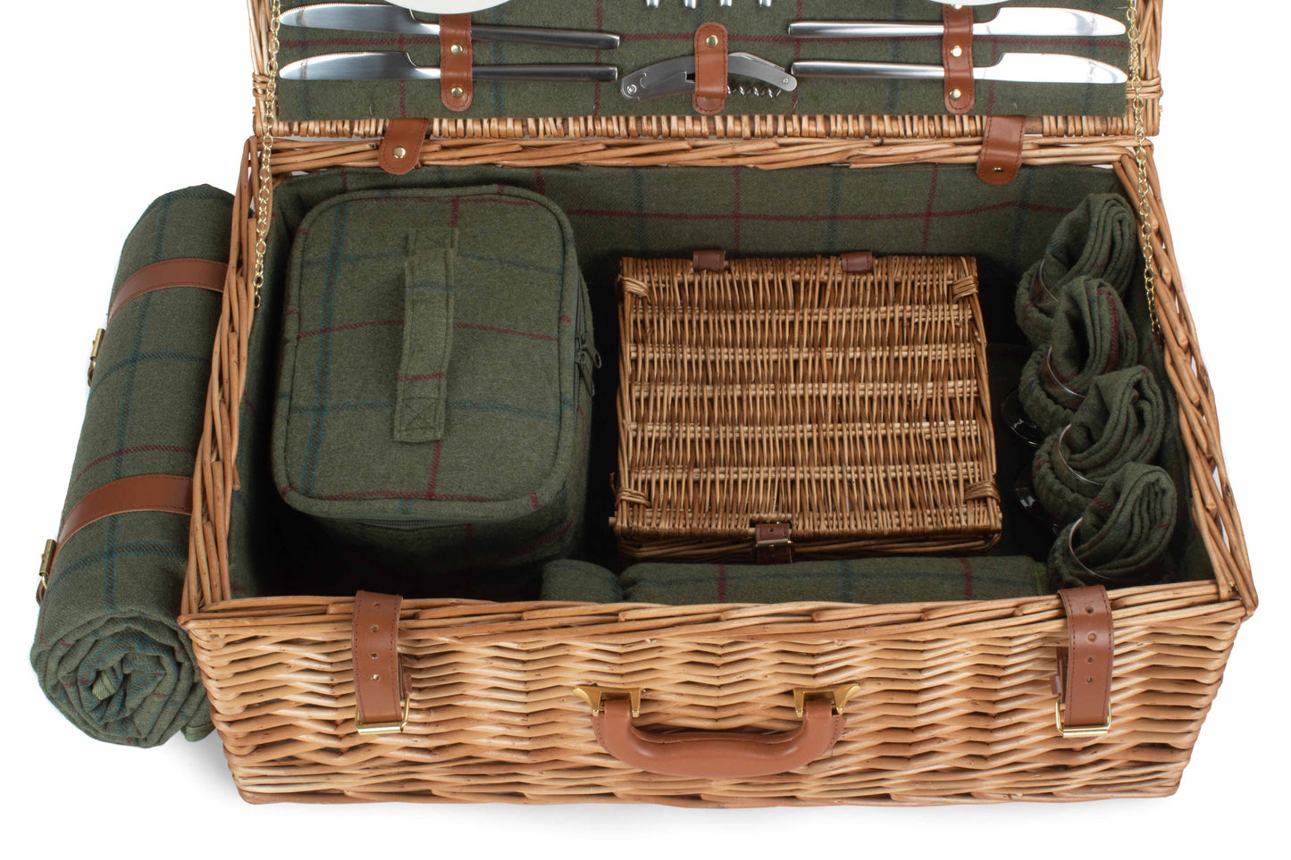 Deluxe Green Tweed 4 Person Picnic Hamper with Cooler Bag & Rug