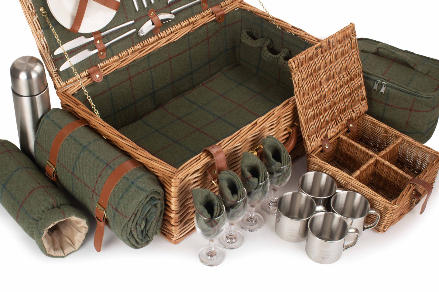 Deluxe Green Tweed 4 Person Picnic Hamper with Cooler Bag & Rug