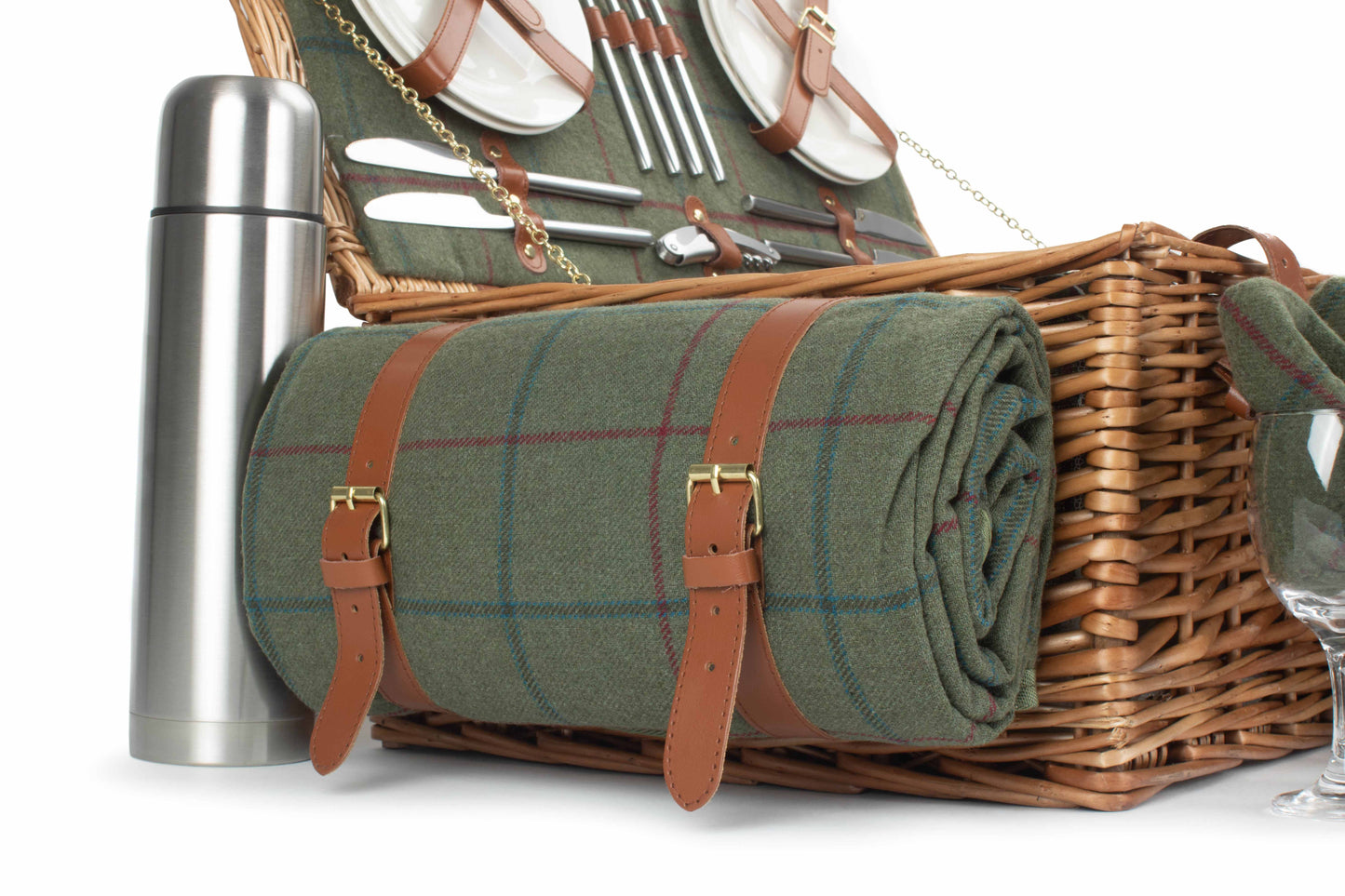 Deluxe Green Tweed 4 Person Picnic Hamper with Cooler Bag & Rug