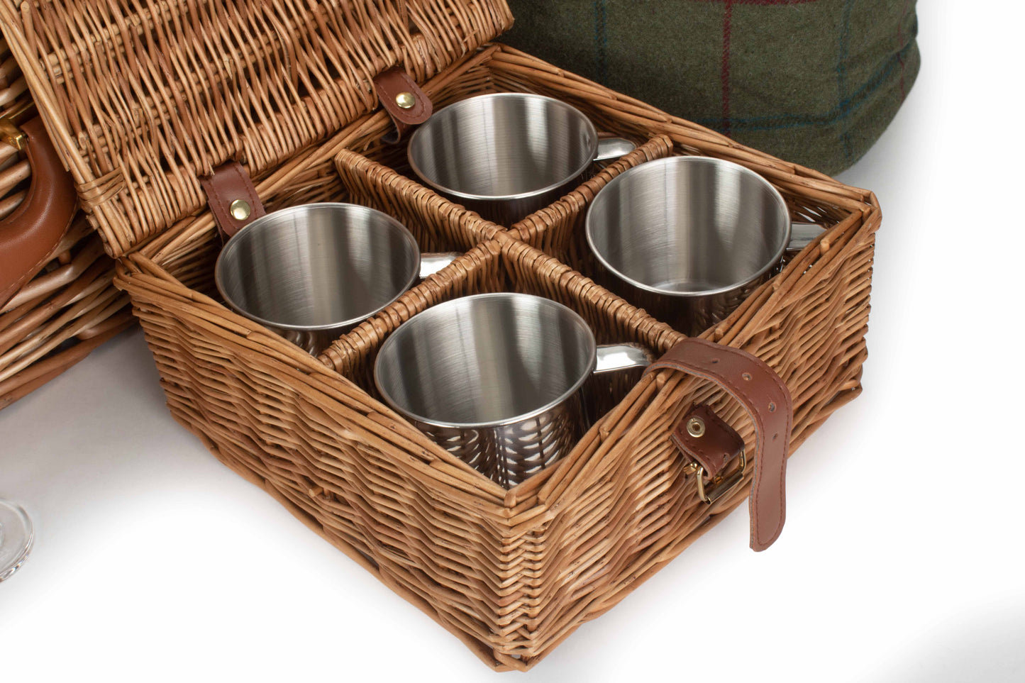 Deluxe Green Tweed 4 Person Picnic Hamper with Cooler Bag & Rug