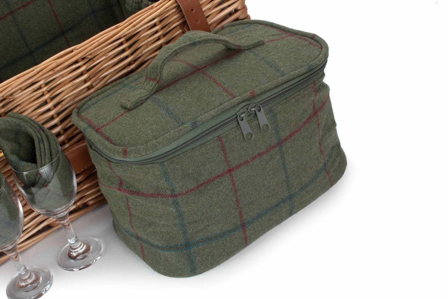 Deluxe Green Tweed 4 Person Picnic Hamper with Cooler Bag & Rug