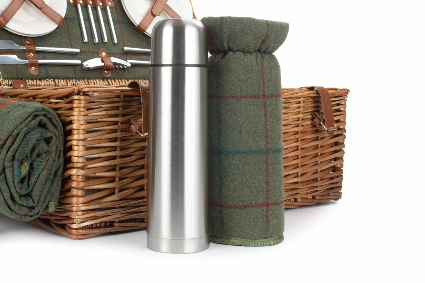 Deluxe Green Tweed 4 Person Picnic Hamper with Cooler Bag & Rug