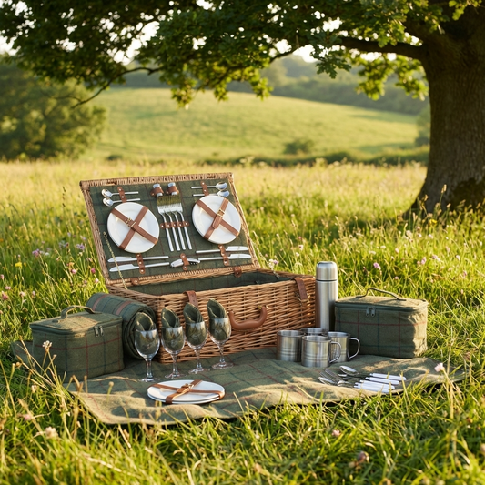 Deluxe Green Tweed 4 Person Picnic Hamper