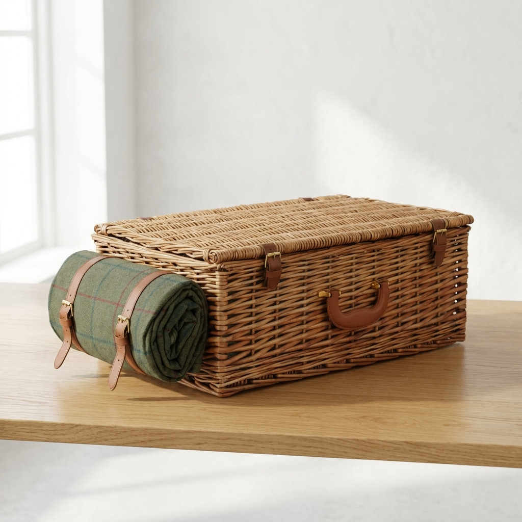 Deluxe Green Tweed 4 Person Picnic Hamper with Cooler Bag & Rug