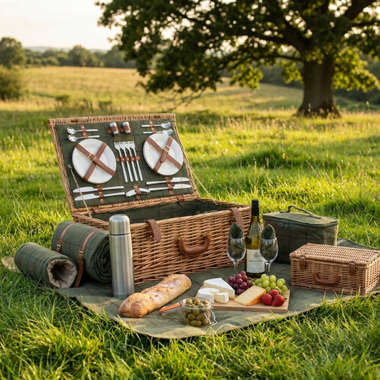 Deluxe Green Tweed 4 Person Picnic Hamper with Cooler Bag & Rug