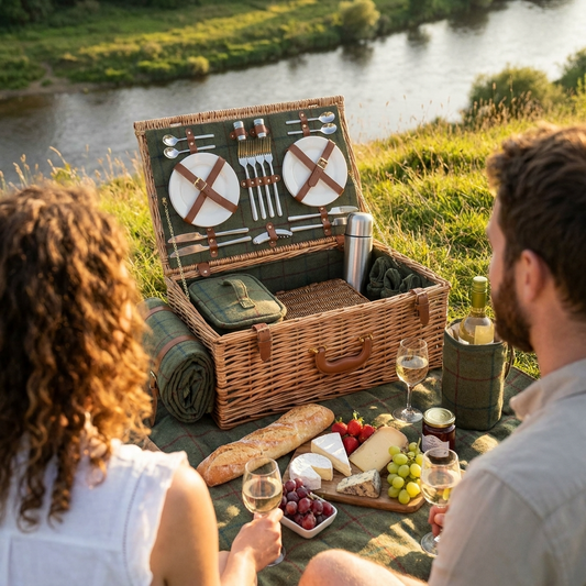 Deluxe Green Tweed 4 Person Picnic Hamper with Cooler Bag & Rug