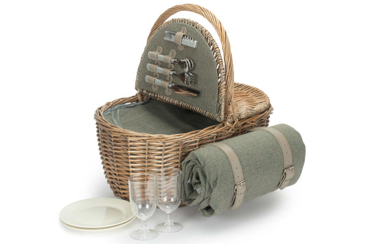 Oval 2 Person Grey Sage Tweed Fitted Hamper