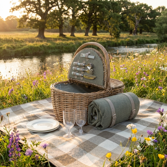 2 Person Picnic Hamper with Grey Sage Tweed Lining