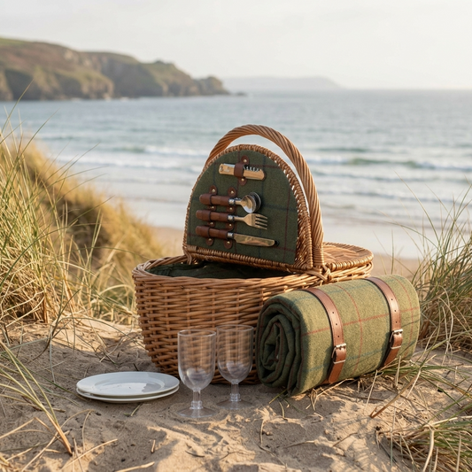 Oval 2 Person Green Tweed Fitted Picnic Hamper
