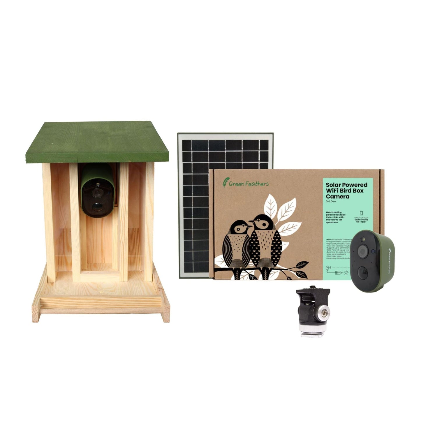 Green Feathers Solar Powered WiFi Camera Wooden Bird Feeder Kit